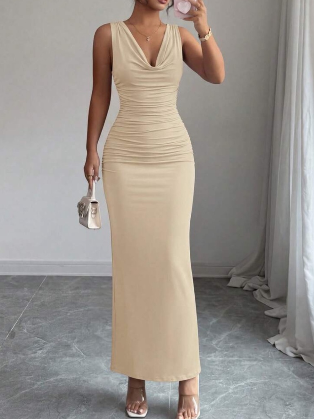 Sleeveless Beige Ruched Cowl Neck Maxi Dress